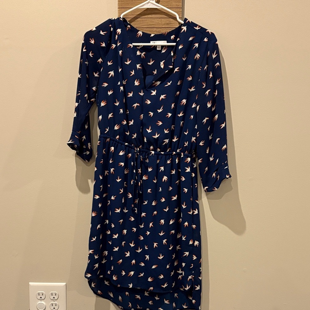 DR2 Navy Long Sleeve Dress with Bird Pattern